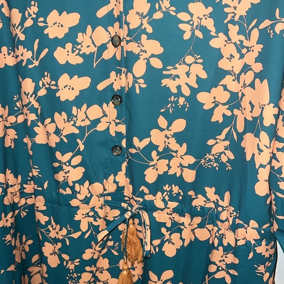 Floral Green and Orange Drop Waist Flowy Peasant Mini Dress - Picture 3 of 7